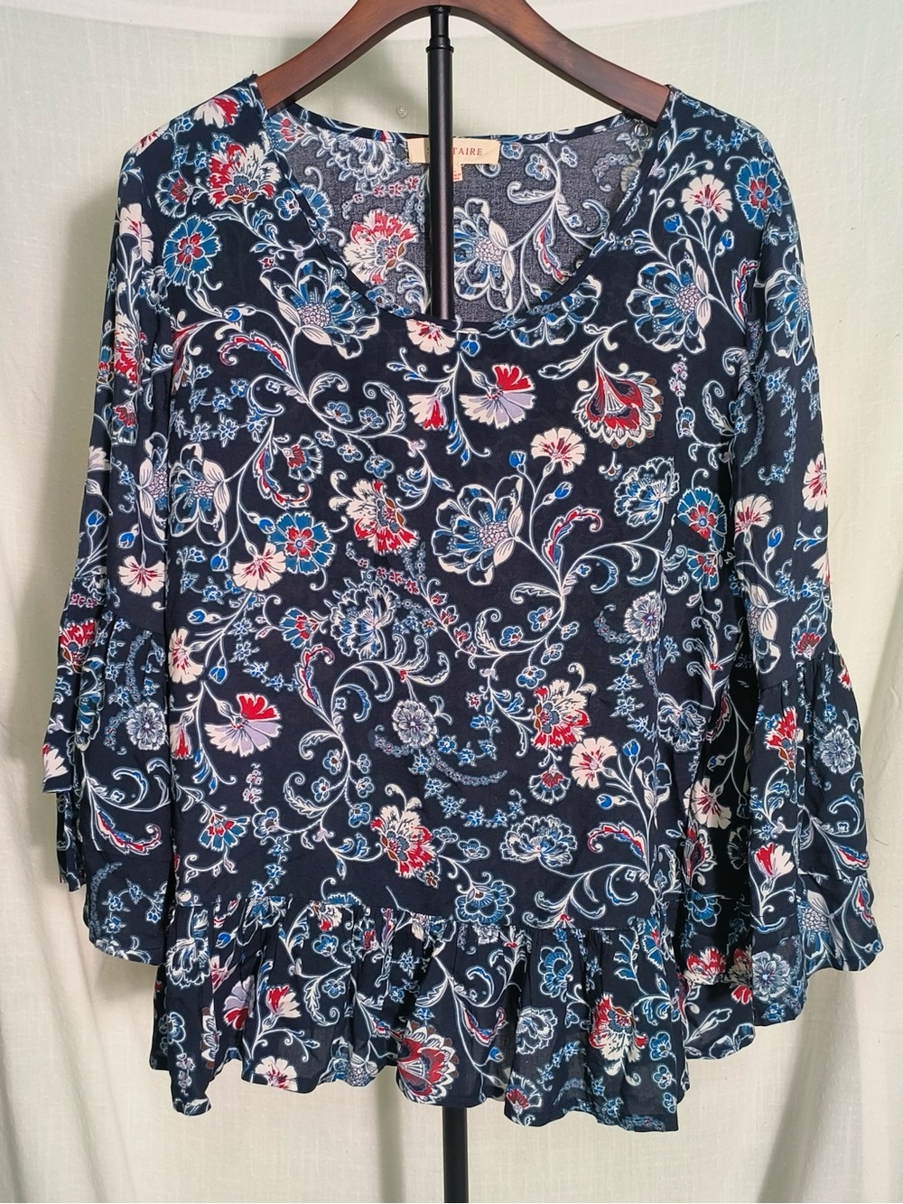 Solitaire Floral Boho Peplum Bell Sleeve Top Size L Navy Blue